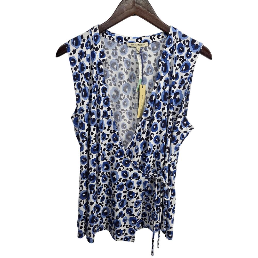 NWT 41 Hawthorn Stitch Fix Aliska Front Wrap Detail Knit Top Blue Leopard Size L